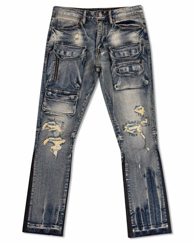 First Row Multi Cargo W/Bottom Guset Slim Straight Denim Faded